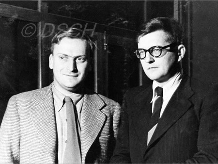 <p>Yehudi Menuhin and Dmitri Shostakovich at VOKS. De…</p>